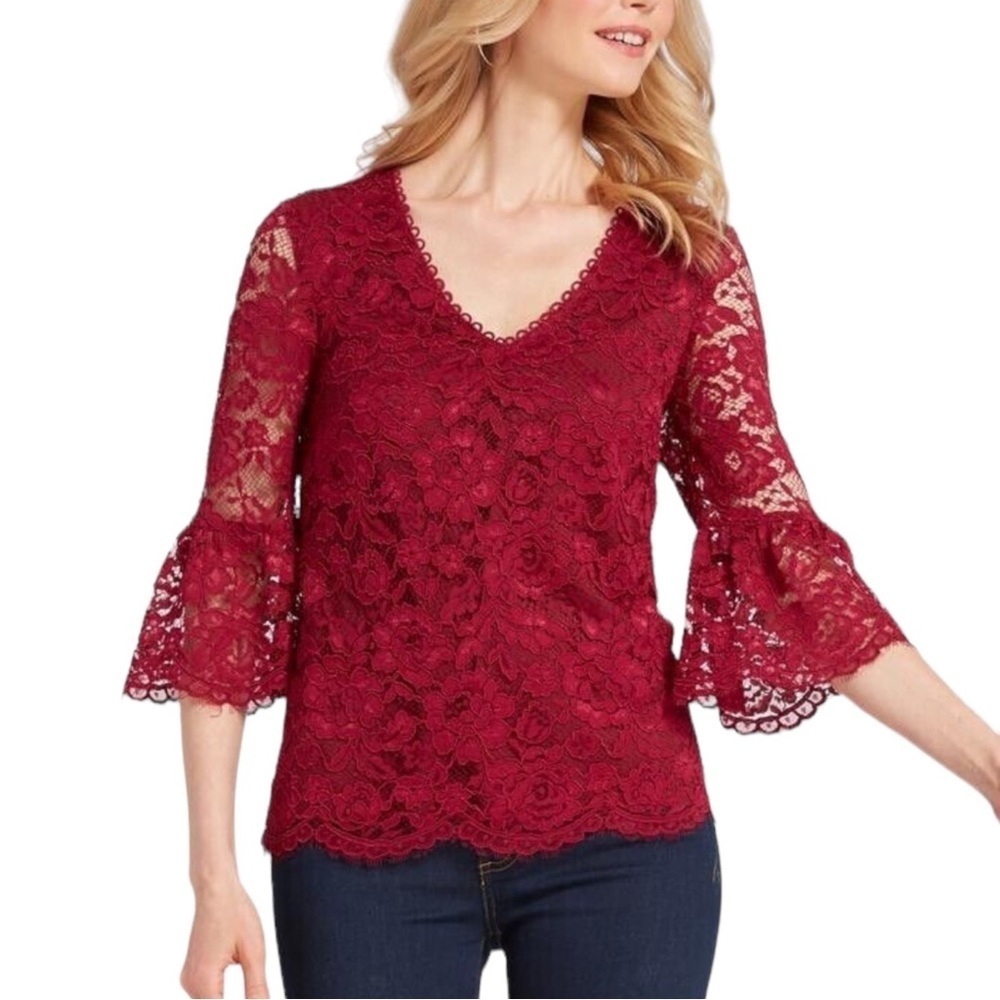 DRAPER JAMES Lace V-Neck Bell Sleeve Blouse in Deep Berry Size 8